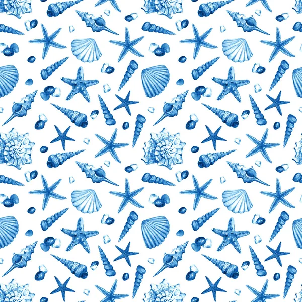 Watercolor Seamless Pattern Underwater Life Objects Seashells Starfish Stones — Stock Photo, Image