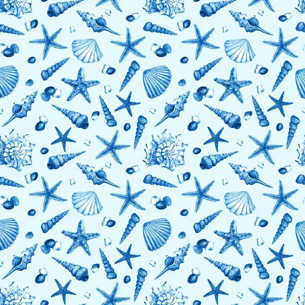 水中生物オブジェクトと水彩画シームレスパターン ヒトデや石 — ストック写真