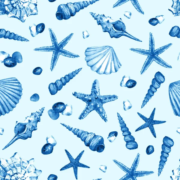 Padrão Sem Costura Aquarela Com Objetos Vida Subaquáticos Conchas Estrelas — Fotografia de Stock