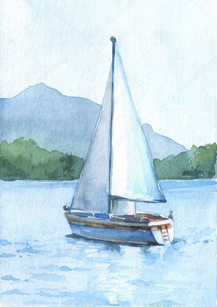 Sailboat with white sails in the lake on the beautiful mountains background. Watercolor hand drawn illustration 