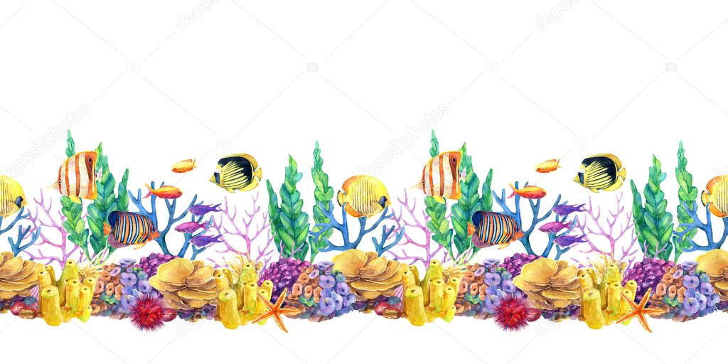 Underwater seamless repeat border with coral reef and fishes.Watercolor hand drawn illustration.