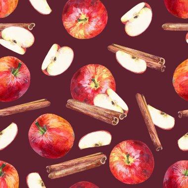 Elma, dilim ve tarçın çubukları ile maroon arka plan üzerinde Dikişsiz desen. Suluboya boyalı el.