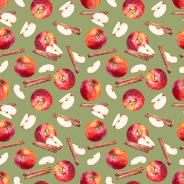 Yeşil arka plan üzerinde elma, dilim ve tarçın çubukları ile Dikişsiz desen. Suluboya boyalı el.