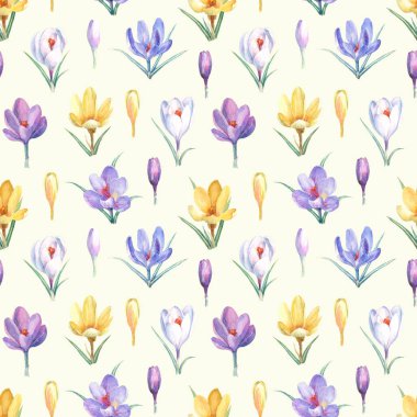 Krem arka planda sarı, mor ve beyaz crocuses ile suluboya dikişsiz desen.