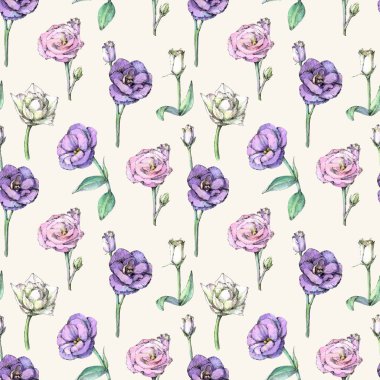 Krem arka planda eustoma çiçekleri ile dikişsiz desen. Suluboya boyalı el.