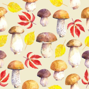 Bej arka plan üzerinde mantar ve yaprakları ile Dikişsiz desen. Suluboya boyalı el.