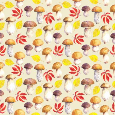 Bej arka plan üzerinde mantar ve yaprakları ile Dikişsiz desen. Suluboya boyalı el.