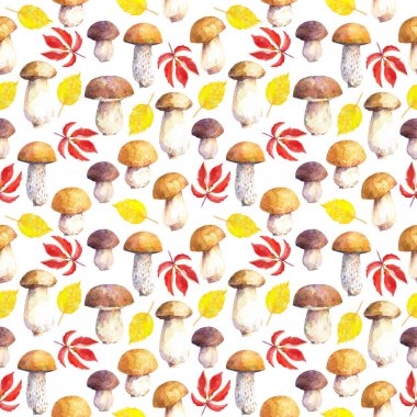 Beyaz arka plan üzerinde mantar ve yaprakları ile Dikişsiz desen. Suluboya boyalı el.