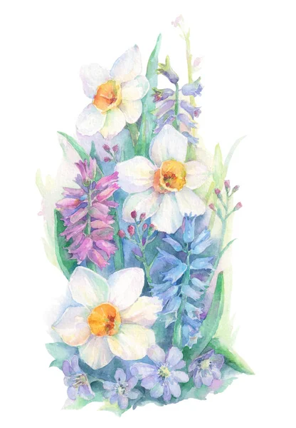 春の花の花束 ヒアシンス 肝臓白い背景に隔離された水彩画の手描きのイラスト — ストック写真