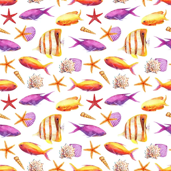 Watercolor Seamless Pattern Underwater Life Objects Coral Tropical Fish Starfish — Stock Photo, Image