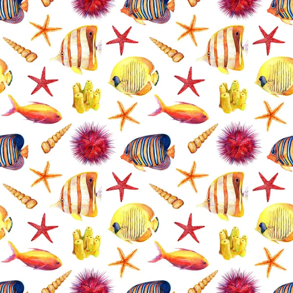 Watercolor Seamless Pattern Underwater Life Objects Coral Tropical Fish Sea — Stock Photo, Image