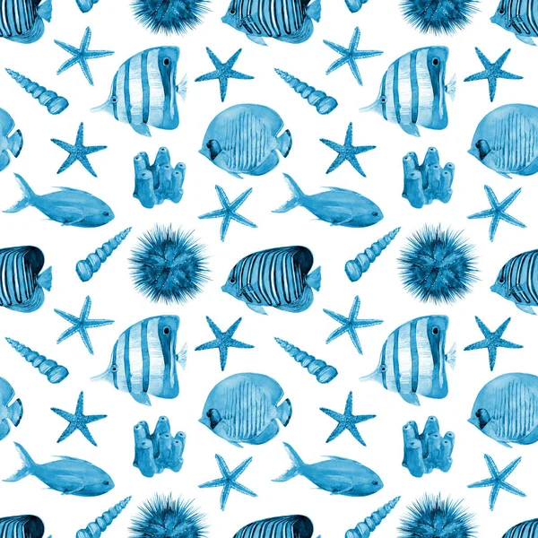 Watercolor Seamless Pattern Underwater Life Objects Coral Tropical Fish Sea — Stock Photo, Image