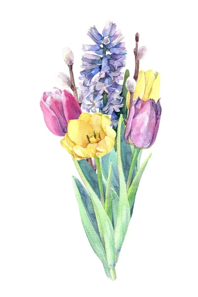 春の花の美しい花束 チューリップ ヒヤシンスと柳の枝 水彩画描き下ろしイラスト — ストック写真