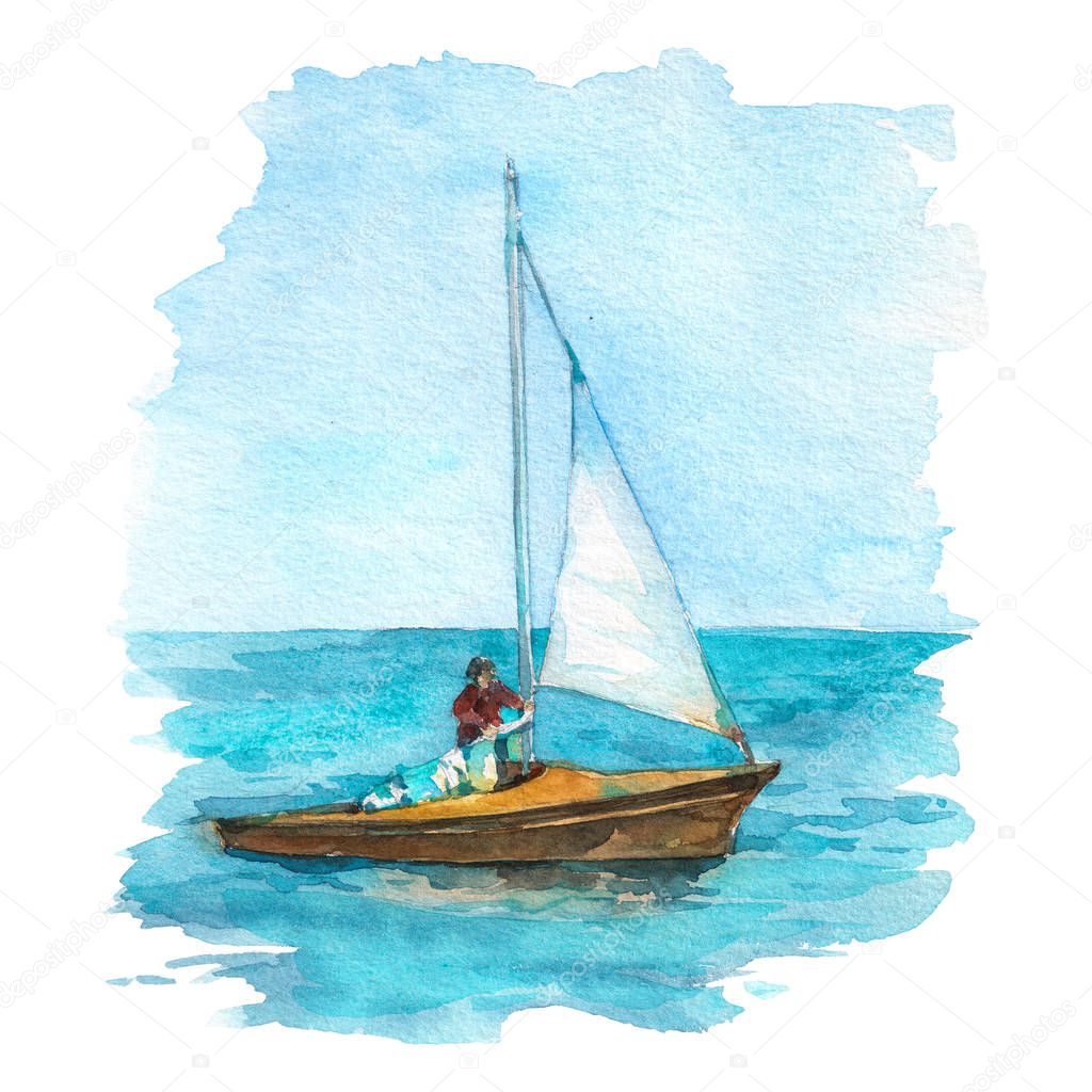 Sailboat with skipper and white sails in the sea.