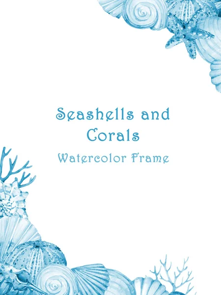 Deniz Kabukları Denizyıldızı Mercan Sualtı Yaşam Nesneleri Ile Çizilmiş Suluboya — Stok fotoğraf