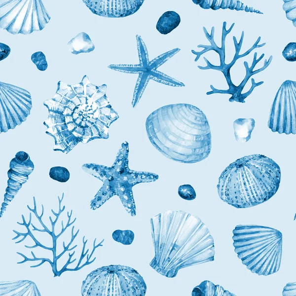 Υδατογραφία Χωρίς Ραφές Υποβρύχια Αντικείμενα Ζωής Κοχύλια Αστερίες Κοράλλια Πέτρες — Φωτογραφία Αρχείου