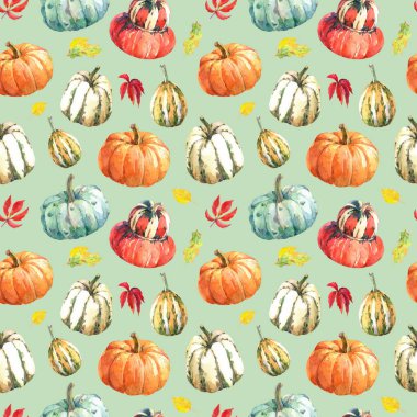 Kabak ve sonbahar yaprakları ile suluboya dikişsiz desen. El çizilmiş suluboya illüstrasyon.