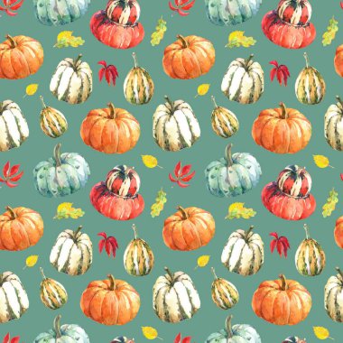 Kabak ve sonbahar yaprakları ile suluboya dikişsiz desen. El çizilmiş suluboya illüstrasyon.