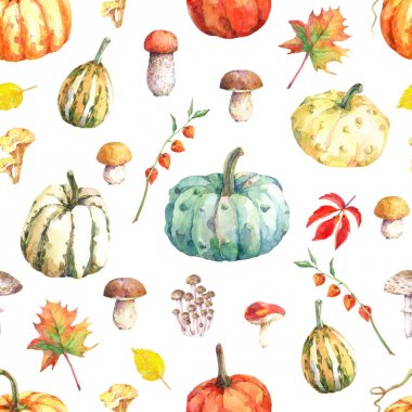 Kabak, mantar ve sonbahar yaprakları ile suluboya dikişsiz desen. El çizilmiş suluboya illüstrasyon.