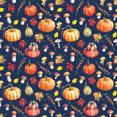 Kabak, mantar ve sonbahar yaprakları ile suluboya dikişsiz desen. El çizilmiş suluboya illüstrasyon.