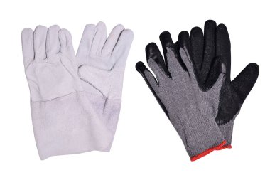 İki çift eldiven. Bahçe için eldiven. Kaynak eldiven. Açık havada çalışmak için aksesuar. Beyaz arka plan üzerinde izole