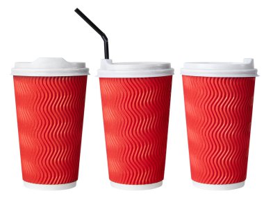 Tek kullanımlık kırmızı kağıt kahve fincanı, beyaz arka plan üzerinde izole içme saman ile kağıt fincan