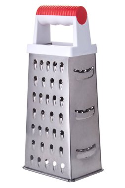 Paslanmaz çelik gıda rendesi plastik saplı beyaz arka plan üzerinde izole