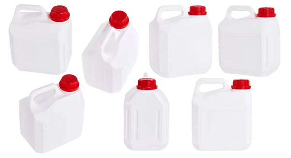 Conjunto Botes Plástico Blanco Aislados Diferentes Posiciones — Foto de Stock