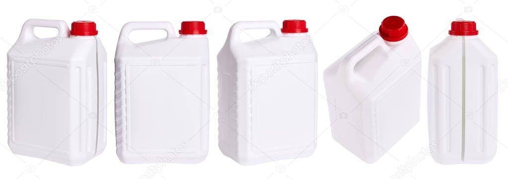 Set of white plastic canisters isolated in different positions