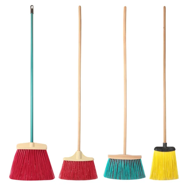 Set Colorful Brooms Isolated White Background Cleaning House Topic — Stockfoto