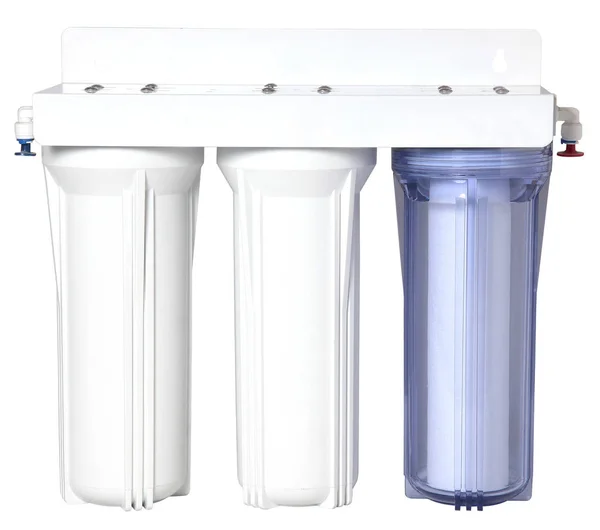 Τριπλή Νερό Καθαρισμός Φίλτρου Για Θεραπεία Νερό Απομονωμένα Λευκό — Φωτογραφία Αρχείου