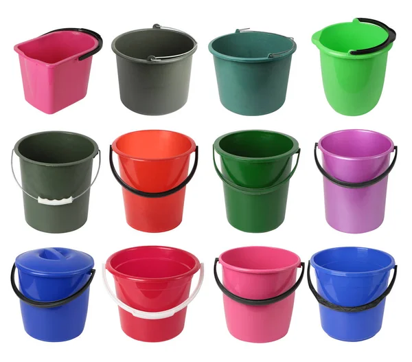 Set Various Colored Plastic Buckets Isolated White Background Plastic Bucket — Stock Photo, Image