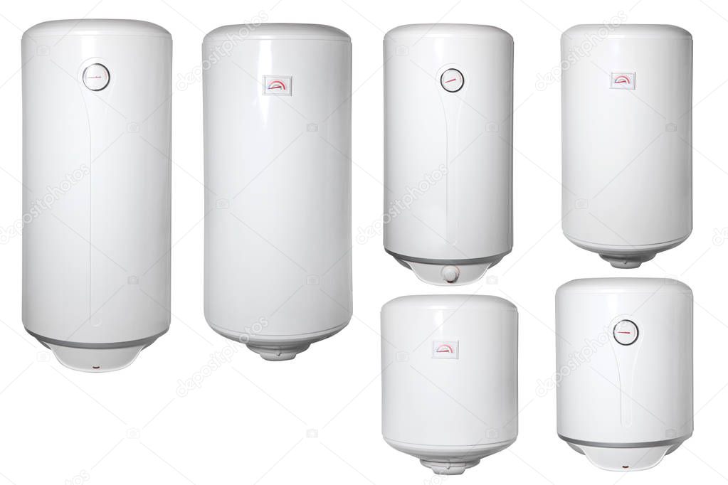 Set of water boiler heaters isolated on white. Boiler apparatus. Domestic boil burner device