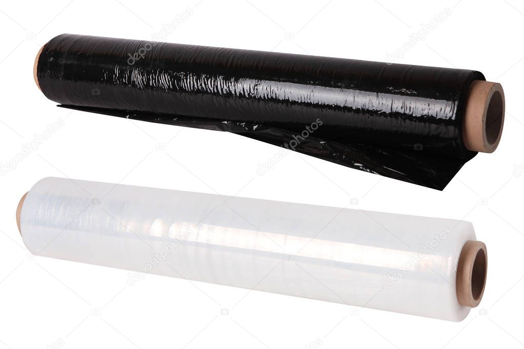 Rolls of black and transparent wrapping plastic stretch film on white background