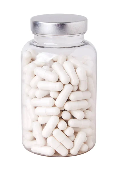 Białe Tabletki Duże Przezroczyste Plastikowe Butelki Białym Tle Dodatek Naturalnego — Zdjęcie stockowe