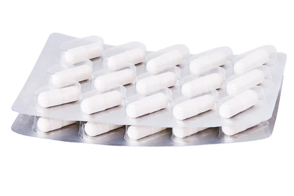 Белые Мягкие Желатиновые Капсулы Блистерной Упаковке Изолированы Белом Фоне Природное — стоковое фото