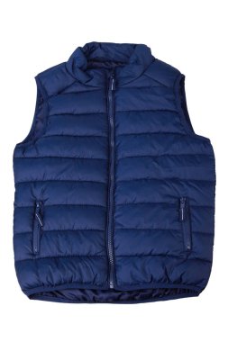 Blue vest isolated on the white background. Padded sleeveless jacket isolated clipart