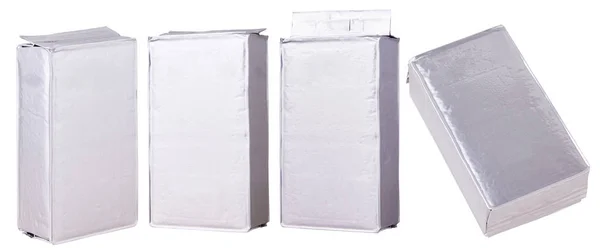 Packs with silver color foil pack with coffee. Mockup Blank Packaging For Coffee. Isolated on white background