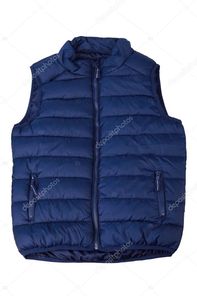 Blue vest isolated on the white background. Padded sleeveless jacket isolated
