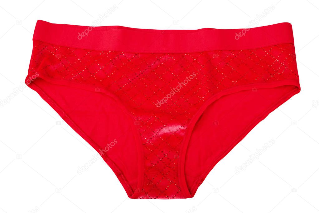 Woman underwear. Red velvet shimmering women panties  isolated on white background
