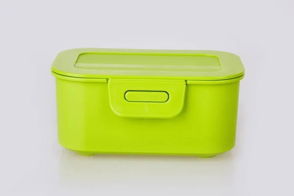 One Green Closed Plastic Food Storage Container Isolated White Background — Stock Photo, Image