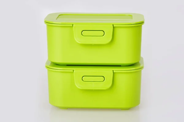 Pair Similar Closed Green Plastic Food Storage Container Isolated White — Stock Fotó