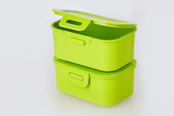 Set Two Similar Green Plastic Food Storage Container Isolated White — Stock Photo, Image