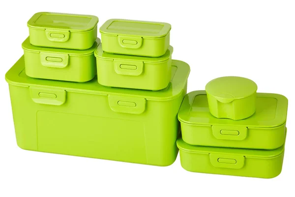 Conjunto Verde Recipientes Plástico Para Almacenamiento Alimentos Aislados Sobre Fondo —  Fotos de Stock