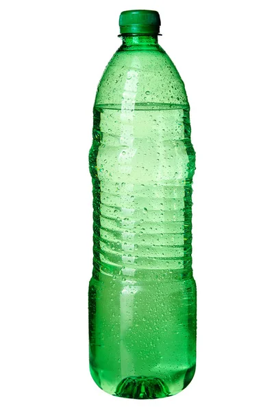Grüne Flasche Wasser Mit Tropfen Isoliert Auf Weißem Hintergrund Liter — Stockfoto