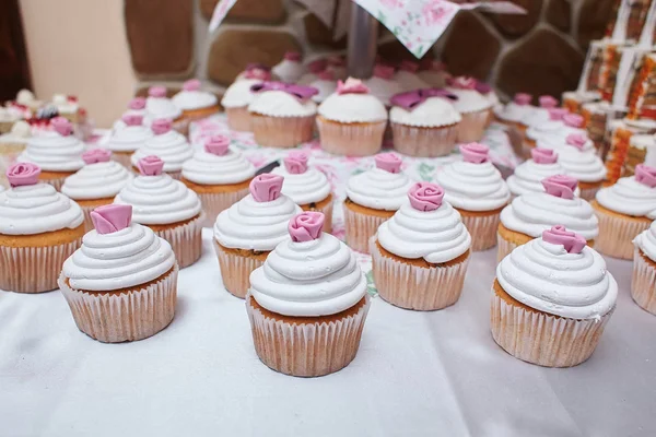 Tasty cupcakes, vanilla cupcakes with pink and white cream, selective focus, close up