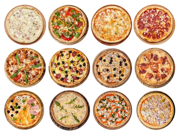 Farklı pizza büyük kümesi: Ham mantar ile Barbekü, Peperoni'nın, Meksika, tavuk, et, İtalyanca, Florentina, Bonanza, Margarita, Marinera, Hawaii, göl kenarında beyaz arka plan üzerinde. Üstten görünüm