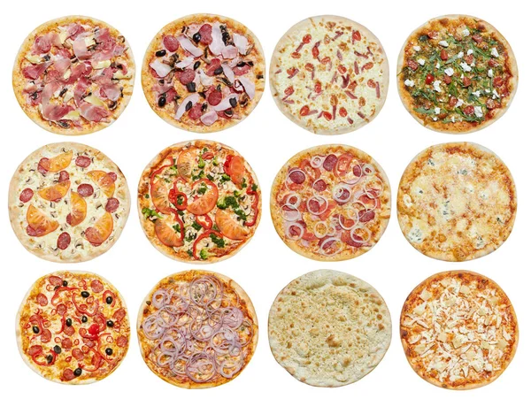 Farklı pizza büyük kümesi: Ham mantar ile Barbekü, Peperoni'nın, Meksika, tavuk, et, İtalyanca, Florentina, Bonanza, Margarita, Marinera, Hawaii, göl kenarında beyaz arka plan üzerinde. Üstten görünüm