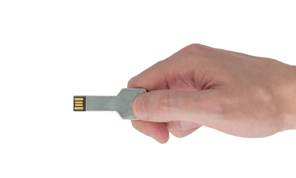 Usb Flash Drive Disk Gevormd Als Een Sleutel Hand Geïsoleerde — Stockfoto