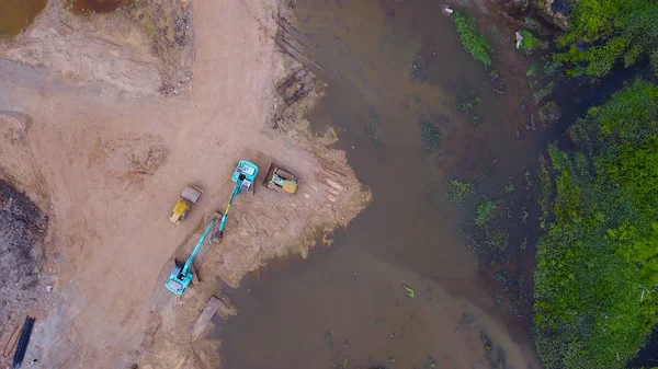 Aerial View Construction Area Bulldozer Soil Compactor Heavy Machine — Stock Photo, Image